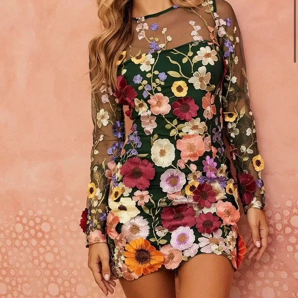 Sage Floral Embroidered Mini Dress - Picture 2 of 4